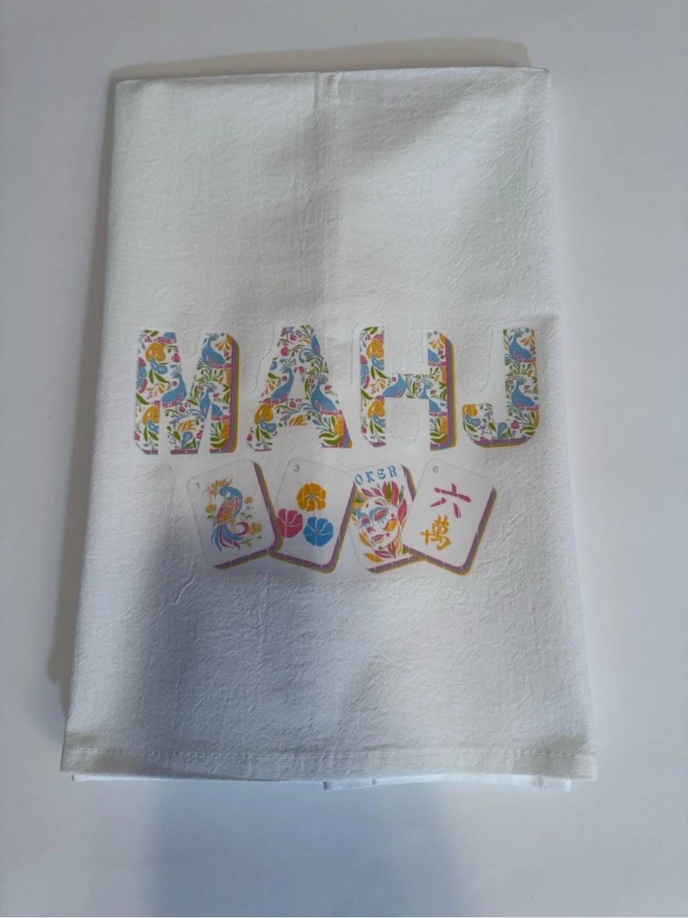 Mahjong Mahj Decorative White Tea Towel with Colorful Mahjong Motif